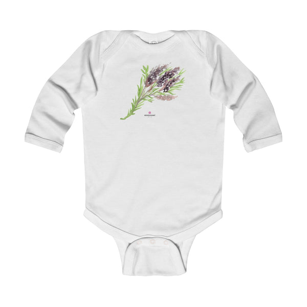 Purple French Lavender Floral Print Infant Long Sleeve Bodysuit - Made in UK-Kids clothes-White-12M-Heidi Kimura Art LLC