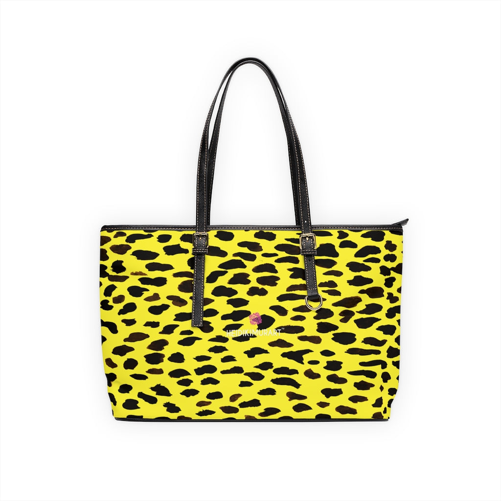 Yellow Cow Print Tote Bag, Cow or Cheetah Animal Print PU Leather Shoulder Large Spacious Durable Hand Work Bag 17"x11"/ 16"x10" With Gold-Color Zippers & Buckles & Mobile Phone Slots & Inner Pockets, All Day Large Tote Luxury Best Sleek and Sophisticated Cute Work Shoulder Bag For Women With Outside And Inner Zippers