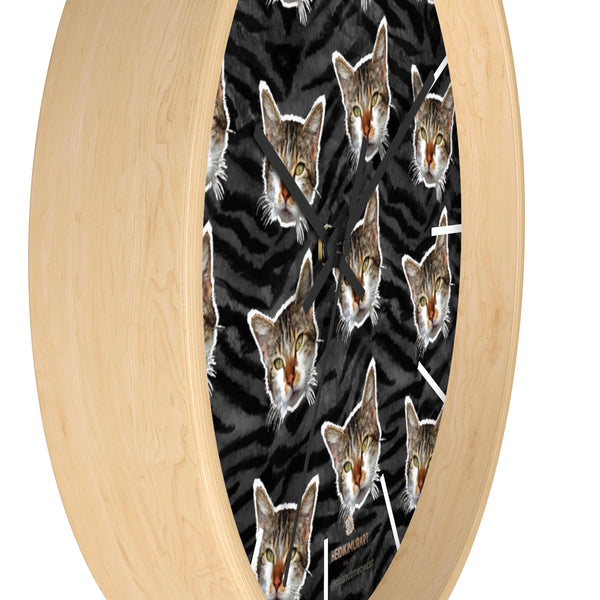Black Tiger Stripe Cat Print Clock, Large 10" Dia. Indoor Calico Cat Wall Clocks- Made in USA-Wall Clock-Heidi Kimura Art LLC