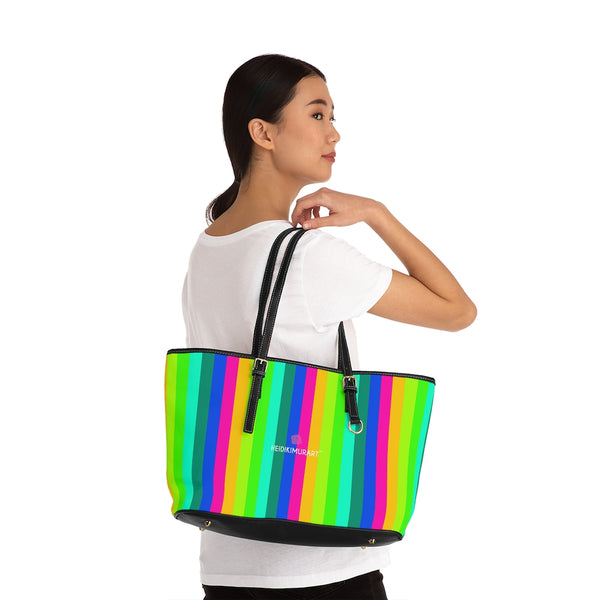Best Rainbow Stripes Best Tote Bag, Gay Pride Colorful Rainbow Striped PU Leather Shoulder Large Spacious Durable Hand Work Bag 17"x11"/ 16"x10" With Gold-Color Zippers & Buckles & Mobile Phone Slots & Inner Pockets, All Day Large Tote Luxury Best Sleek and Sophisticated Cute Work Shoulder Bag For Women With Outside And Inner Zippers