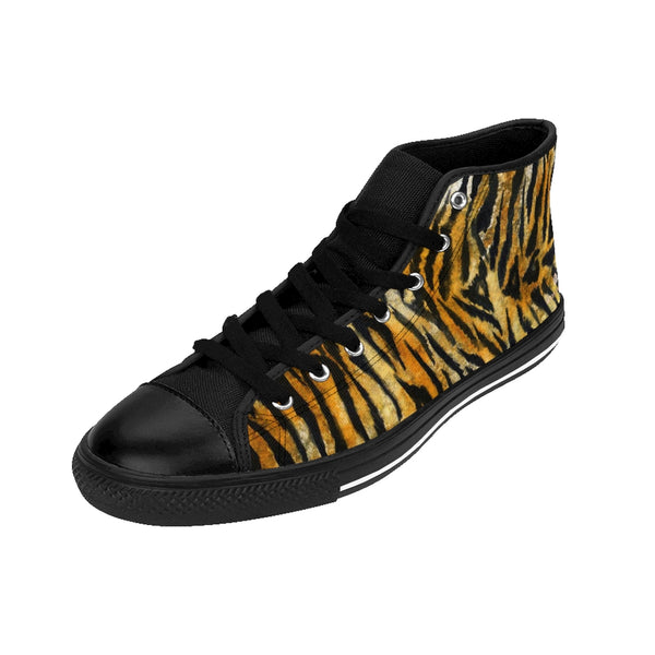 Orange Tiger Men's High-top Sneakers, Animal Striped Print Designer Men's Shoes, Men's High Top Sneakers US Size 6-14, Mens High Top Casual Shoes, Unique Fashion Tennis Shoes, Tiger Print Canvas Sneakers, Mens Modern Footwear, Wildlife Gift Idea, Animal Lover Print Shoes (US Size: 6-14)
