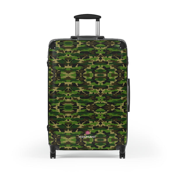 Green Camo Print Suitcases, Army Military Camouflaged Print Designer Suitcase Luggage (Small, Medium, Large) Unique Cute Spacious Versatile and Lightweight Carry-On or Checked In Suitcase, Best Personal Superior Designer Adult's Travel Bag Custom Luggage - Gift For Him or Her - Made in USA/ UK