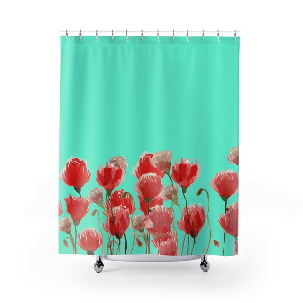 Blue Red Poppy Flower Floral Print Designer Polyester Shower Curtains- Made in USA-Shower Curtain-71" x 74"-Heidi Kimura Art LLC Blue Red Poppy Shower Curtains, Turquoise Blue and Red Poppy Flower Floral Print Designer Polyester Shower Curtains- Printed in USA, Premium Bathroom Shower Curtains Home Decor Large 100% Polyester 71x74 inches  