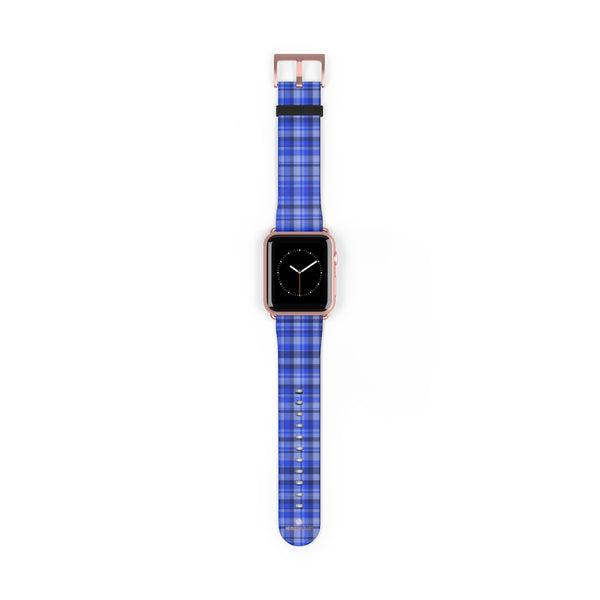 Blue Plaid Tartan Scottish Print 38mm/42mm Watch Band For Apple Watch- Made in USA-Watch Band-42 mm-Rose Gold Matte-Heidi Kimura Art LLC