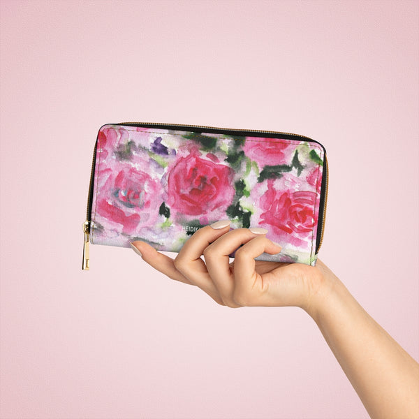 Pink Roses Zipper Wallet, Best Pink Floral Roses Print Best 7.87" x 4.33" Luxury Cruelty-Free Faux Leather Women's Wallet & Purses Compact High Quality Nylon Zip & Metal Hardware, Luxury Long Wallet Card Cases For Women