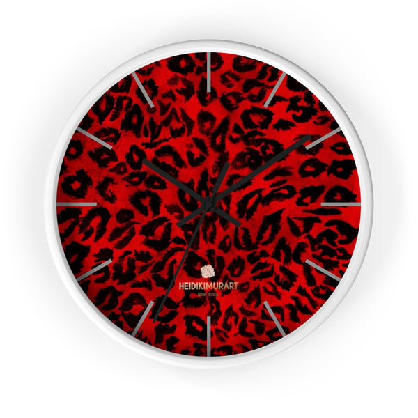 Red Leopard Animal Print 10" Diameter Large Wall Clock- Made in USA-Wall Clock-10 in-White-Black-Heidi Kimura Art LLC