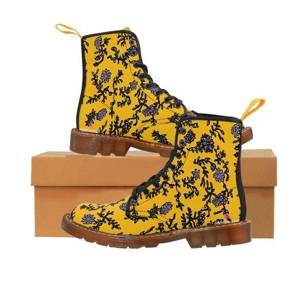 Yellow Floral Print Women's Boots, Purple Floral Women's Boots, Flower Print Elegant Feminine Casual Fashion Gifts, Flower Rose Print Shoes For Flower Lovers, Combat Boots, Designer Women's Winter Lace-up Toe Cap Hiking Boots Shoes For Women (US Size 6.5-11) Black Floral Boots, Floral Boots Womens, Vintage Style Floral Boots 