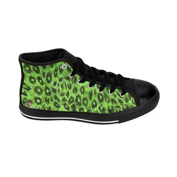Green Black Leopard Sneakers, Green Snow Leopard Animal Print Pattern Designer Men's Shoes, Men's High Top Sneakers US Size 6-14, Tribal Leopard Print Shoes, Unique Sneakers (US Size: 6-14)