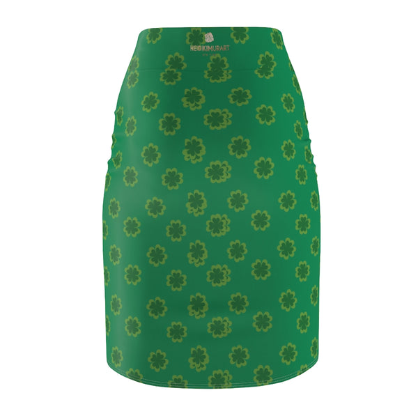 Lucky Irish Dark Green Clover Leaf Print St. Patrick's Day Women's Pencil Skirt- Made in USA-Pencil Skirt-Heidi Kimura Art LLC