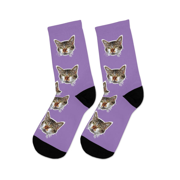 Light Purple Cat Print Socks, Cute Calico Cat 1-Size Knit Premium Socks- Made in USA-Socks-One size-Heidi Kimura Art LLC