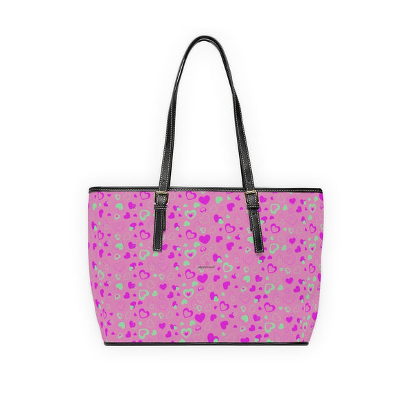 Pink Hearts Print Tote Bag, PU Leather Shoulder Hand Work Bag