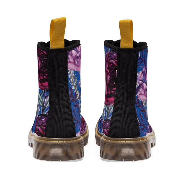 Blue Purple Rose Women's Boots, Vintage Style Designer Laced-up Premium Boots For Ladies