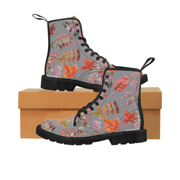 Gray Fall Leaves Women's Boots, Fall Leaves Print Women's Boots, Best Winter Boots For Women (US Size 6.5-11)
