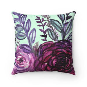 Purple Floral English Rose Print Premium Luxury Polyester Square Pillow - Made in USA-Pillow-14x14-Heidi Kimura Art LLC