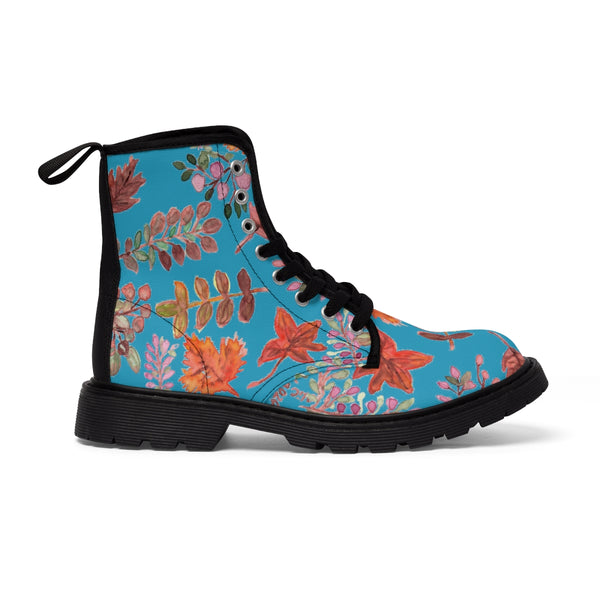 Turquoise Fall Leaves Women's Boots, Turquoise Autumn Fall Leaves Print Women's Boots, Combat Boots, Designer Women's Winter Lace-up Toe Cap Hiking Boots Shoes For Women (US Size 6.5-11) Fall Leaves Fashion Canvas Shoes, Fall Leaves Print Winter Boots, Autumn Leaves Printed Boots For Ladies, Colorful Boots For Women