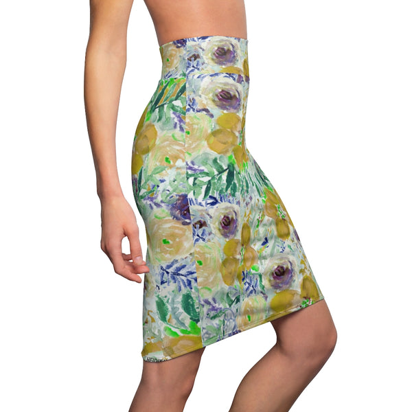 Yellow Floral Women's Pencil Skirt, Yellow Mixed Roses Best Flower Print Girlie Premium Quality Designer Women's Pencil Skirt - Made in USA (US Size XS-2XL)