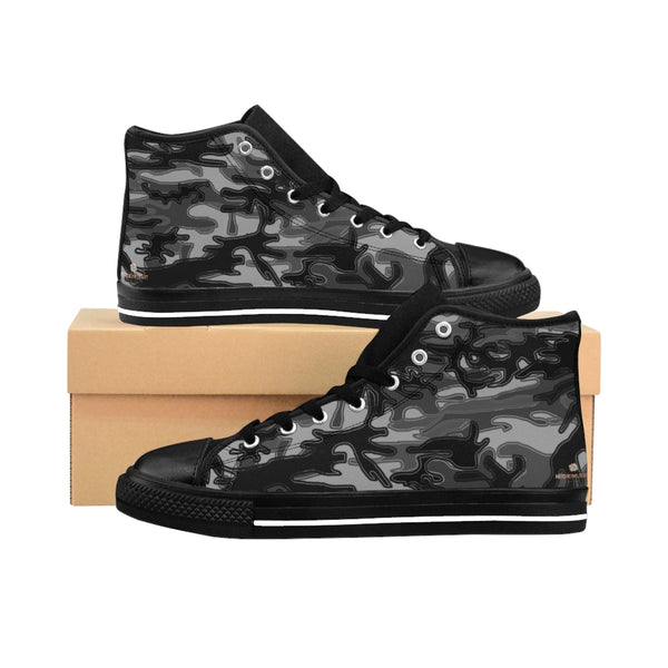 Black Camo Women's Sneakers, Army Print Designer High-top Sneakers Tennis Shoes-Shoes-Printify-Black-US 9-Heidi Kimura Art LLCBlack Camo Women's Sneakers, Grey/ Gray Dark Modern Chic Army Military Camouflage Print 5" Calf Height Women's High-Top Sneakers Running Canvas Shoes (US Size: 6-12)
