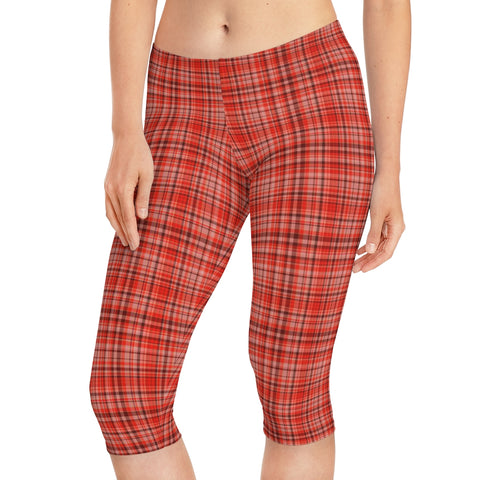 Red Plaid Women's Capri Leggings, Modern Red Tartan Scottish Plaid Print American-Made Best Designer Premium Quality Knee-Length Mid-Waist Fit Knee-Length Polyester Capris Tights-Made in USA (US Size: XS-3XL) Plus Size Available