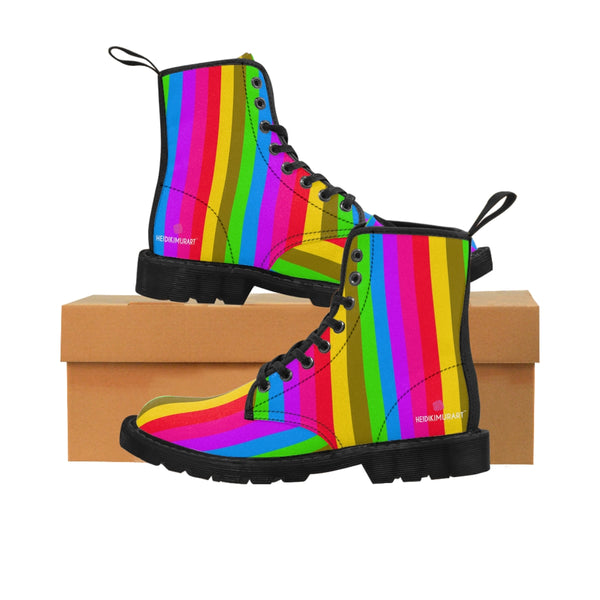 Rainbow Striped Print Women's Boots, Best Gay Pride Stripes Winter Laced Up Designer Boots For Women
