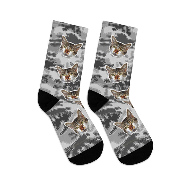 Gray Camo Cat Print Socks, Luxury Army Print Unisex One-Size Knit Socks- Made in USA-Socks-One size-Heidi Kimura Art LLC