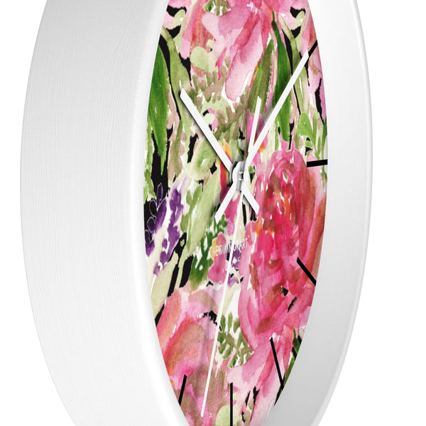 Pink Floral Rose Wall Clock,  Floral 10 inch Diameter Wall Clock, Large Round Wood Girl Children Bedroom Wall Clock