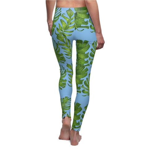 Light Blue Green Tropical Leaf Print Women's Dressy Long Casual Leggings- Made in USA-Casual Leggings-White Seams-M-Heidi Kimura Art LLC