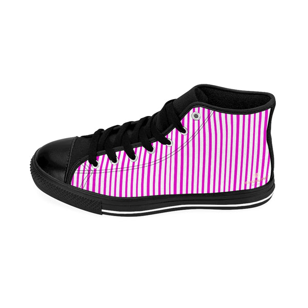 Pink Striped Men's High-top Sneakers, Vertically Stripes Men's Designer Tennis Running Shoes-Shoes-Printify-Heidi Kimura Art LLC Pink Striped Men's High-top Sneakers, Pink White Modern Stripes Men's High Tops, High Top Striped Sneakers, Striped Casual Men's High Top For Sale, Fashionable Designer Men's Fashion High Top Sneakers, Tennis Running Shoes (US Size: 6-14)