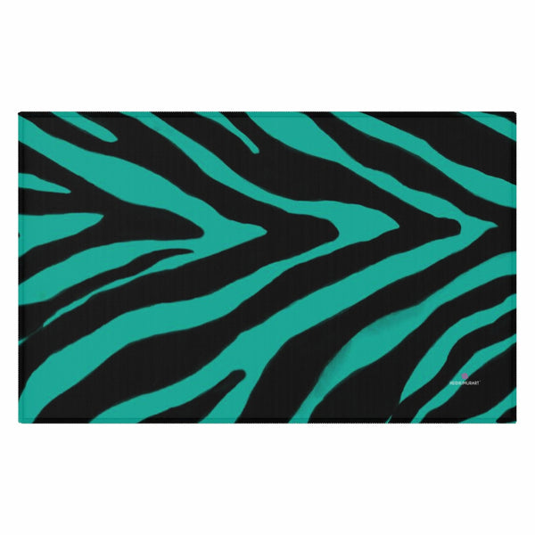 Turquoise Blue Zebra Dornier Rug, Zebra Stripes Animal Print Woven Carpet For Home or Office - Printed in USA