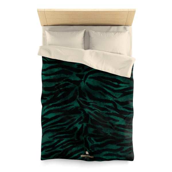 Green Tiger Stripe Duvet Cover, Animal Print Queen/Twin Size Microfiber Bedding Cover-Duvet Cover-Twin-Cream-Heidi Kimura Art LLC