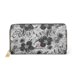 Mixed Floral Rose Zipper Wallet, Grey Floral Elegant Print Best 7.87" x 4.33" Luxury Cruelty-Free Faux Leather Women's Wallet & Purses Compact High Quality Nylon Zip & Metal Hardware, Luxury Long Wallet Card Cases For Women