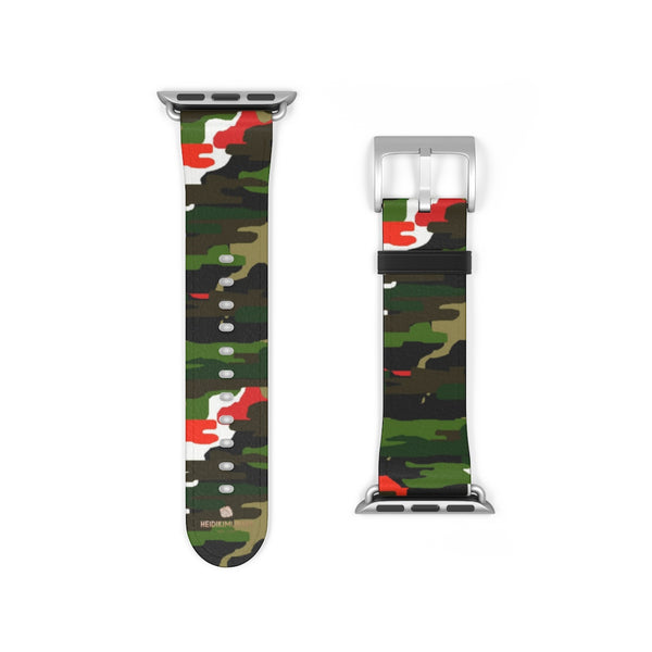 White Green Red Camo Print 38mm/42mm Watch Band For Apple Watches- Made in USA-Watch Band-38 mm-Silver Matte-Heidi Kimura Art LLC