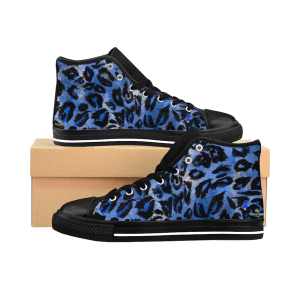 Blue Leopard Animal Print Premium Men's High-top Fashion Sneakers Tennis Shoes-Men's High Top Sneakers-Heidi Kimura Art LLC