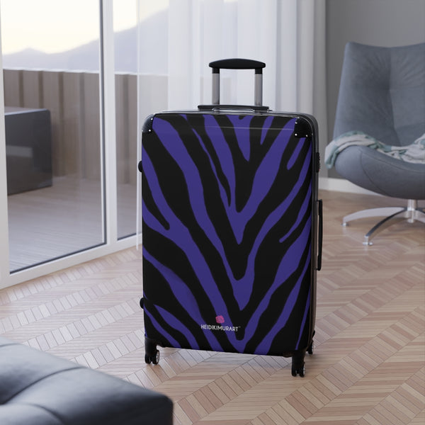 Purple Black Zebra Print Suitcases, Animal Print Designer Suitcase Luggage (Small, Medium, Large) Unique Cute Spacious Versatile and Lightweight Carry-On or Checked In Suitcase, Best Personal Superior Designer Adult's Travel Bag Custom Luggage - Gift For Him or Her - Made in USA/ UK