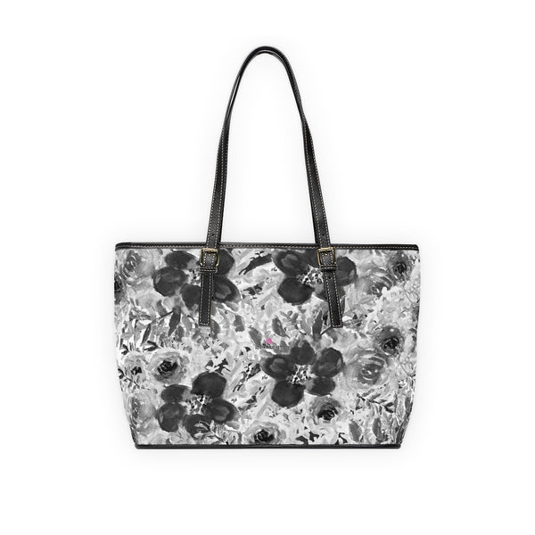 Grey Floral Rose Tote Bag, Grey Flower Print Best Stylish Flower Printed PU Leather Shoulder Large Spacious Durable Hand Work Bag 17"x11"/ 16"x10" With Gold-Color Zippers & Buckles & Mobile Phone Slots & Inner Pockets, All Day Large Tote Luxury Best Sleek and Sophisticated Cute Work Shoulder Bag For Women With Outside And Inner Zippers