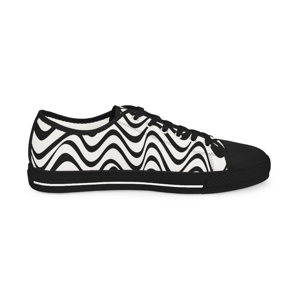 Black White Wavy Men's Shoes, Best Men's Waves Abstract Print Best Breathable Designer Men's Low Top Canvas Fashion Sneakers With Durable Rubber Outsoles and Shock-Absorbing Layer and Memory Foam Insoles (US Size: 5-14)