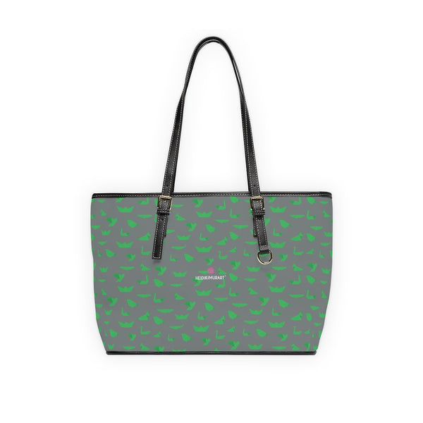 Gray Crane Print Tote Bag, Best Stylish Fashionable Printed PU Leather Shoulder Large Spacious Durable Hand Work Bag 17"x11"/ 16"x10" With Gold-Color Zippers & Buckles & Mobile Phone Slots & Inner Pockets, All Day Large Tote Luxury Best Sleek and Sophisticated Cute Work Shoulder Bag For Women With Outside And Inner Zippers