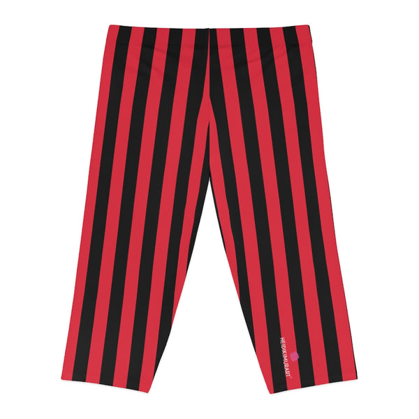 Red Striped Women's Capri Leggings, Modern Red and Black Vertically Striped Print American-Made Best Designer Premium Quality Knee-Length Mid-Waist Fit Knee-Length Polyester Capris Tights-Made in USA (US Size: XS-3XL) Plus Size Available
