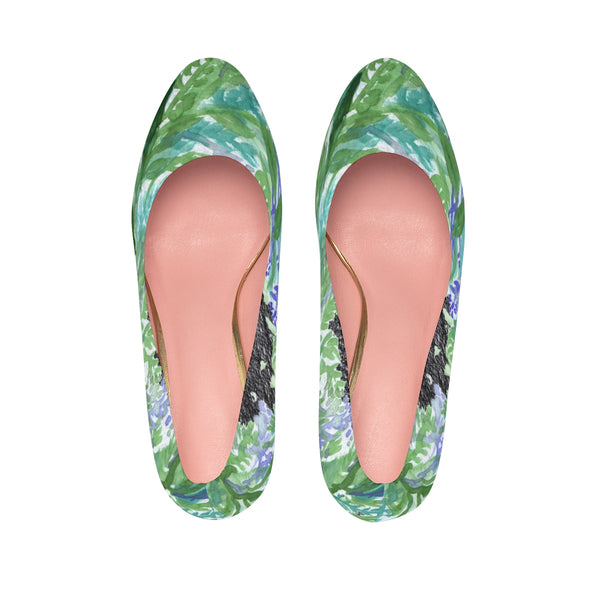 Black French Lavender Floral Print Women's Platform Stilettos 4 inch Pumps Heels Shoes-4 inch Heels-Heidi Kimura Art LLC