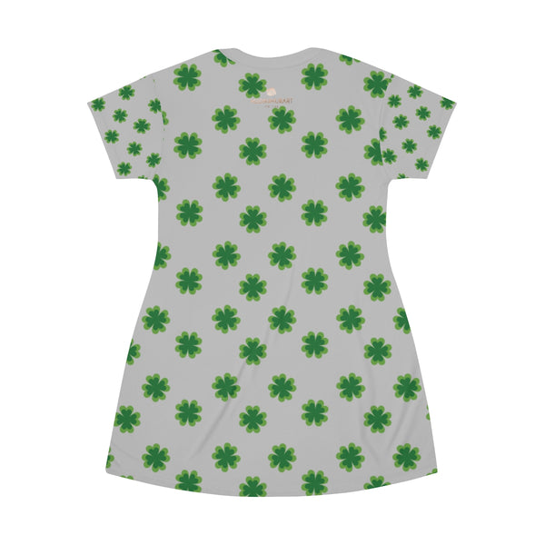 Light Gray Green Clover Print St. Patrick's Day Women's Long T-Shirt Dress- Made in USA-T-Shirt Dress-Heidi Kimura Art LLC