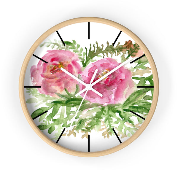 Pink Rose Vintage Style Floral Print Rose Flower 10 inch Diameter Wall Clock-Made in USA-Wall Clock-Wooden-White-Heidi Kimura Art LLC