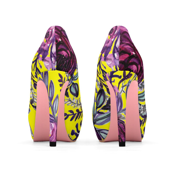 Yellow Purple French Vintage-Style Rose Floral Print Women's 4" Platform Heels-4 inch Heels-Heidi Kimura Art LLC