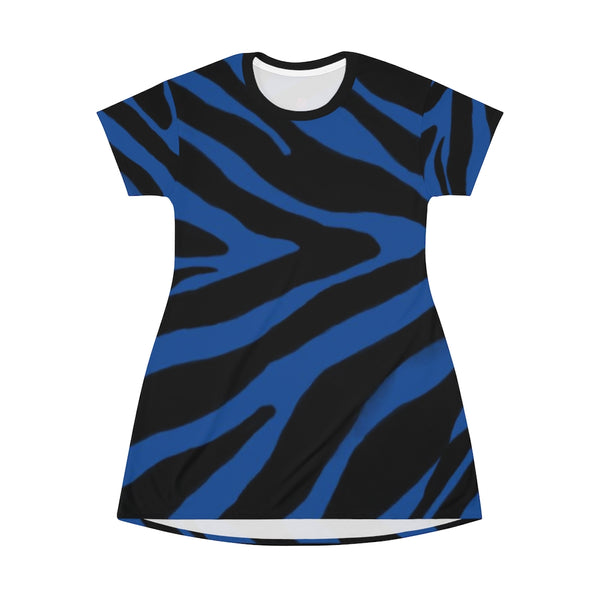Navy Blue Zebra T-Shirt Dress, Navy Blue Zebra Animal Print Designer Crew Neck Women's Long Tee T-shirt Fashion Dress-Made in USA (US Size: XS-2XL)