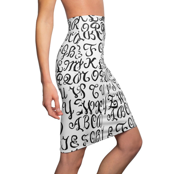 Black White Calligraphy Lettering Print Women's Pencil Skirt-Made in USA(US Size: XS-2XL)-Pencil Skirt-Heidi Kimura Art LLC White Alphabet Pencil Skirts, Black White Calligraphy Lettering Print Women's Pencil Skirt-Made in USA (US Size: XS-2XL)  