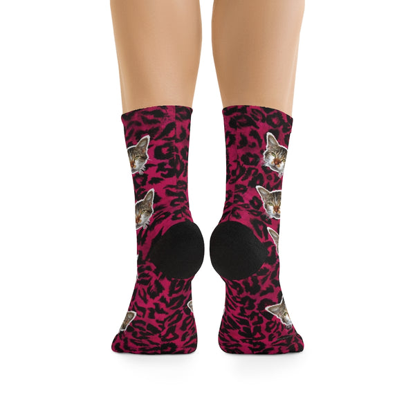 Pink Leopard Cat Print Socks, Cute Calico Cat Print 1-Size Knit Premium Socks- Made in USA-Socks-One size-Heidi Kimura Art LLC