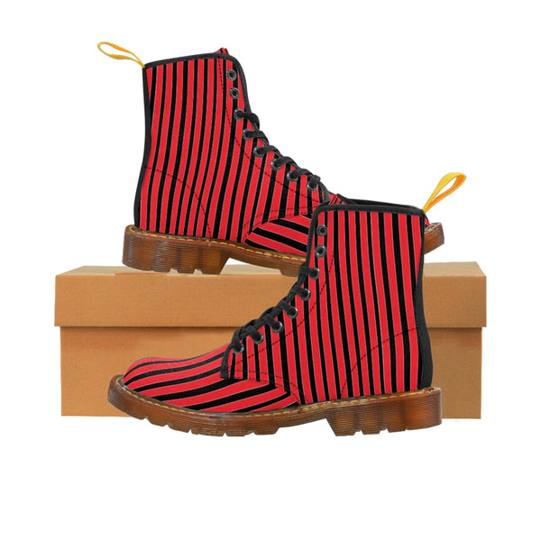 Red Striped Print Men's Boots, Black Stripes Best Hiking Winter Boots Laced Up Shoes For Men-Shoes-Printify-Brown-US 8-Heidi Kimura Art LLC Red Striped Print Men's Boots, Black Red Stripes Men's Canvas Hiking Winter Boots, Fashionable Modern Minimalist Best Anti Heat + Moisture Designer Comfortable Stylish Men's Winter Hiking Boots Shoes For Men (US Size: 7-10.5)