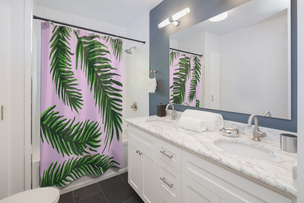 Pink Green Shower Curtains, Pink and Green Tropical Tree Palm Leaf Print Designer Shower Curtains - Printed in USA, Premium Bathroom Shower Curtains, Home Decor, Large 100% Polyester 71x74 inches Shower Curtains, Bathroom Shower Curtains, Jungle Hawaiian Summer Nature Print Cute Pink Green Tropical Jungle Palm Tree Leaf Print Shower Curtains- Printed in USA-Shower Curtain-71" x 74"-Heidi Kimura Art LLC 