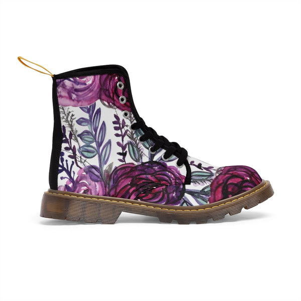 Purple Rose Floral Women's Boots, Flower Printed Laced-up Combat Hiking Boots For Ladies