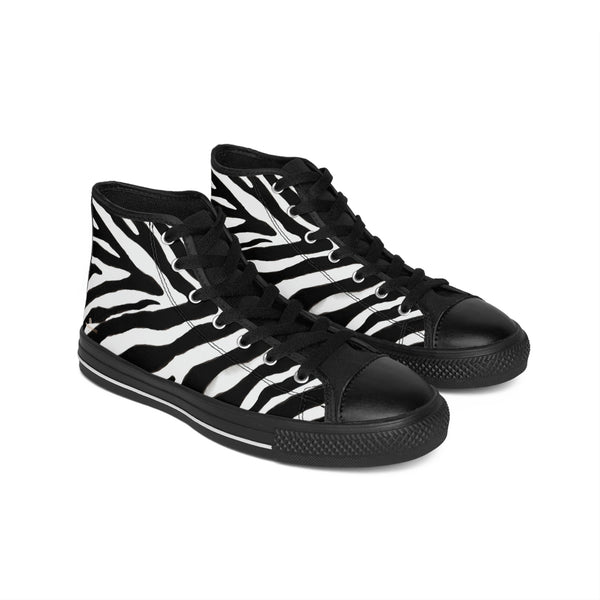 Chic Zebra Print Women's Sneakers, White and Black Zebra Striped Animal Print 5" Calf Height Women's High-Top Sneakers Luxury Best Running Canvas Shoes (US Size: 6-12) Zebra High Tops, White Zebra High Tops, Zebra Print High Tops Sneakers