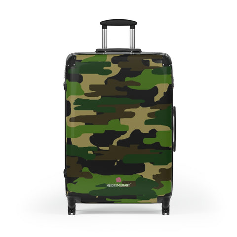 Green Camo Print Suitcases, Military Camo Print&nbsp;Designer Suitcase With&nbsp;TSA-approved&nbsp;Lock, Best&nbsp;Suitcase Luggage (Small, Medium, Large)&nbsp;Unique Cute Spacious Versatile and Lightweight Carry-On or Checked In Suitcase, Best&nbsp;Personal Superior Designer Adult's Travel Bag Custom Luggage - Gift For Him or Her - Made in USA/ UK