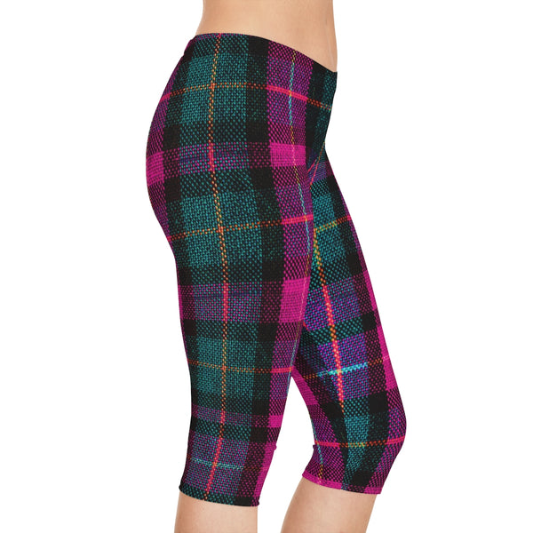 Pink Plaid Women's Capri Leggings, Modern Pink Green Tartan Scottish Plaid Print American-Made Best Designer Premium Quality Knee-Length Mid-Waist Fit Knee-Length Polyester Capris Tights-Made in USA (US Size: XS-3XL) Plus Size Available